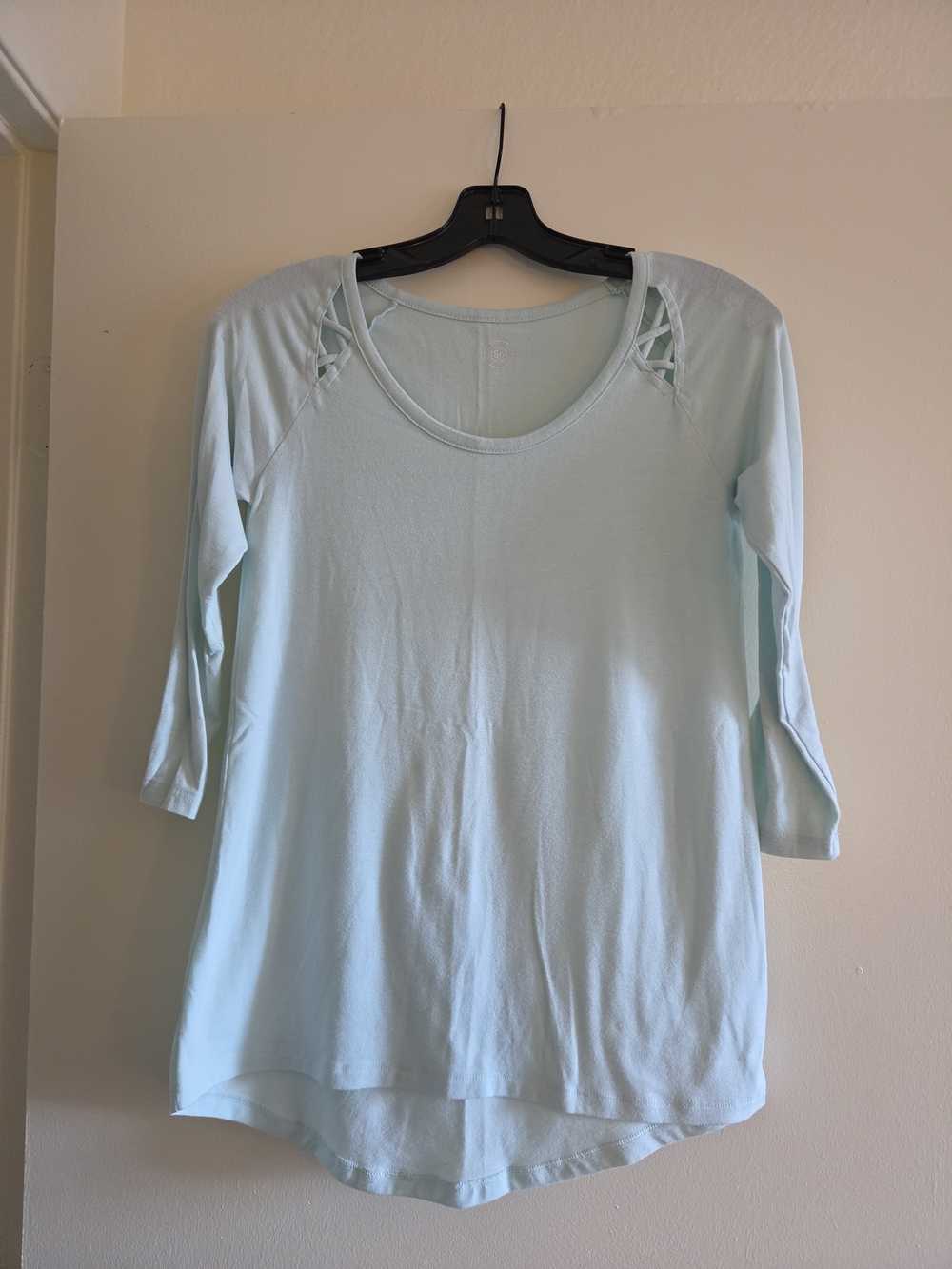 Mint Scoop Neck 3/4 Sleeve Top with Lattice Shoulder Detail